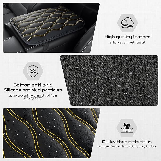 Amiss Auto Center Console Pad, Universal Waterproof Armrest Seat Box Cover, Car Interior Accessories, Leather Auto Armrest Cover Protector for Most Vehicle, SUV, Truck (Yellow-Line)