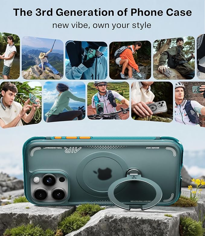 TORRAS Ostand Q3 Air for iPhone 15 Pro Max Case with MagSafe & 360 Magnetic Stand, Dynamic Airbags, Mil-Grade Protection, Camera Control, Shockproof & Stylish Case for iPhone 15 Pro Max 6.7", Blue