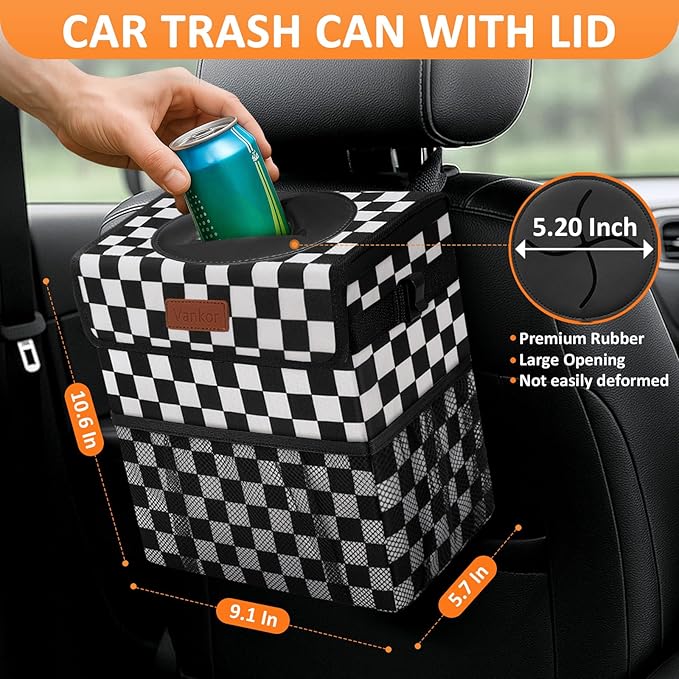 Car Trash Can Bin with Lid Hanging for Back Seat, Car Accessories for Women Men Leak Proof Automotive Garbage Cans Leakproof Vehicle Trash Can for Truck SUV,Black White Checkered