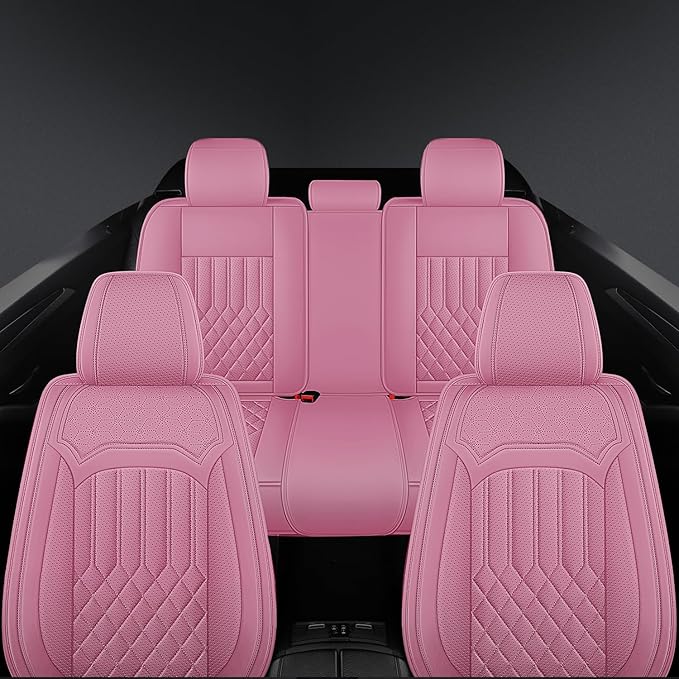 Car Seat Covers for Genesis GV70 2022-2025 2026, Full Set Nappa Leather Waterproof Breathable Anti-Slip Airbag Compatible Car Seats Protector, Car Interior Seats Cover (Pink,+Pillow)