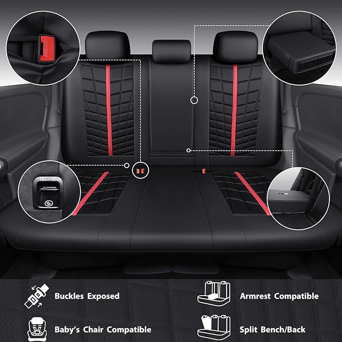 CAR PASS Leather Mesh Car Seat Covers Full Set, 3D Foam Breathable Luxury Mesh Leather Seat Covers Full Set, Universal Fit for Cars Trucks SUV, Airbag Compatible, Anti Slip Seats 5 Black Red