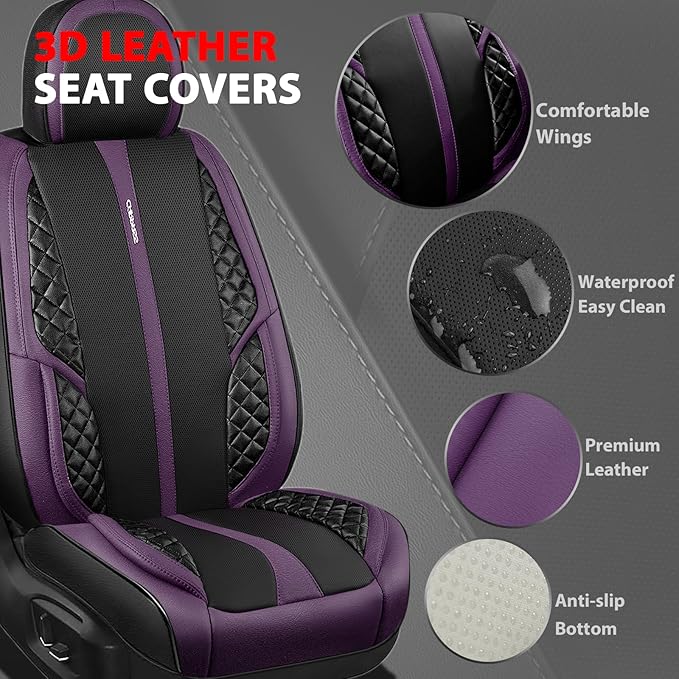 CAR PASS Nappa Leather Car Seat Covers Full Set Waterproof Protector Durable Cushioned,Universal Fit for Sedan SUV Pick-up Truck,Automotive, Anti-Slip and Backseat Luxury Premium(Black and Purple)