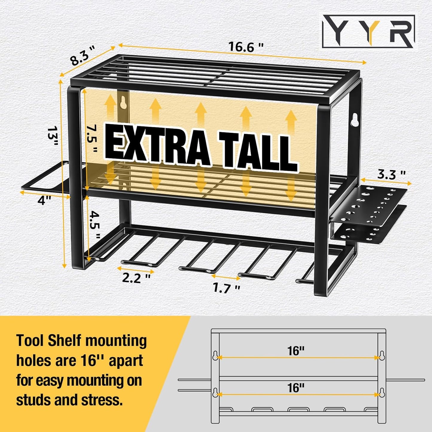 YYR Heavy Duty Power Tool Organizer Wall Mount, Cordless Drill Hanger Storage Rack, Battery Tools Holder with Charging Station Shelf for Garage Organization, Workshop, Pegboard, Shed - 16 Inch 4 Slots