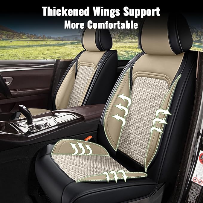 Car Seat Covers Full Set for Toyota RAV4 2013-2025 RAV4 Hybrid - Breathable Cooling Ice Silk Leather - Black & Beige