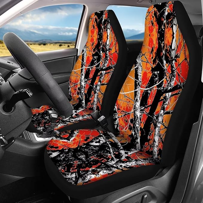 KEIAHUAN Car Seat Covers Camo Hunting Design Front Seat Cover and Split Rear Bench Seat Cover Comfortable Stretchy Universal Fit Most Cars SUVs Vans Sedans, Orange