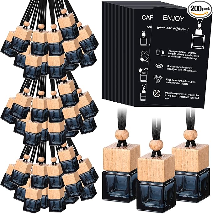 DaisyInner 200 Sets Car Diffuser Bottles Empty Bulk Hanging Car Air Freshener Diffuser Bottles Bulk Glass Perfume Holder with Instruction Cards for Essential Oil Fragrance Pendant(Square,Black)
