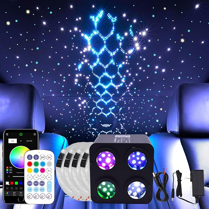 36W 4-Head 4 Color RGBW Twinkle Fiber Optic Lights, Starlight Headliner Kit with Total 800pcs*0.75mm/0.03in 9.8ft Optical Fiber Cables+Remote and APP Control for Car and Home Interior Decoration