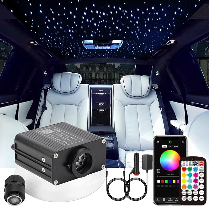 CHINLY Twinkle 460pcs 9.8ft 0.03in Fiber Optic Lights Starlight Headliner kit, Music Mode Bluetooth APP Control Remote, RGBW Star roof Lights for Star Headliner/Home Theater/Pool Ceiling