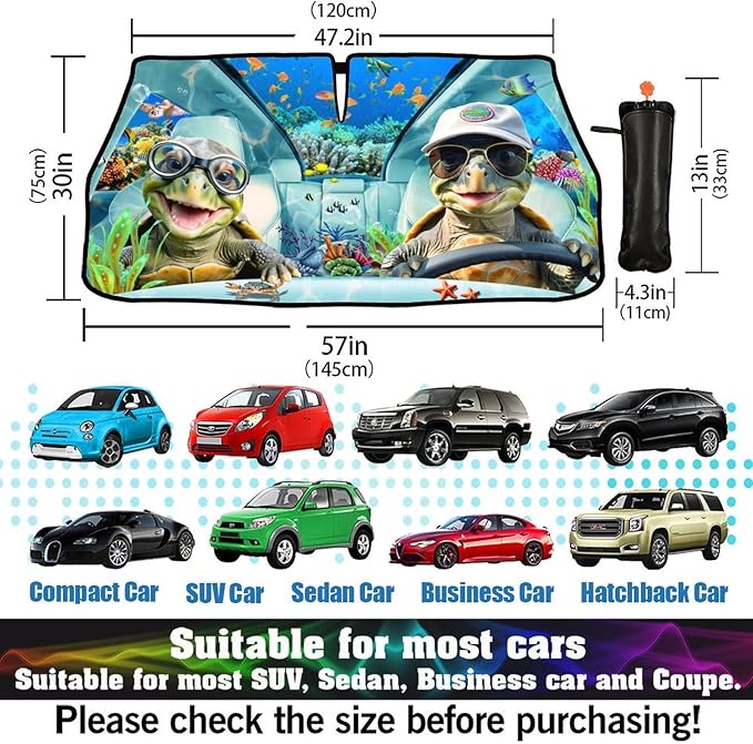 CHILL·TEK Funny Animal Car Windshield Sun Shade Umbrella, Funny Turtles Car Sun Shade Umbrella, Block UV Rays Heat Foldable Windshield Umbrella Sun Visor Protector - Keep Vehicle Cool for Cars SUV