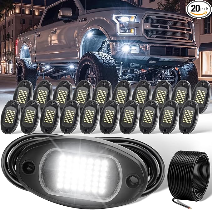 YONEDA 20 Pods White Rock Lights 6000K 42LED Ultra Bright LED Underglow Lights IP68 Waterproof for Trucks SUV UTV ATV RZR Car Boats Pickup Motorcycle with 39.37ft Extension Wire