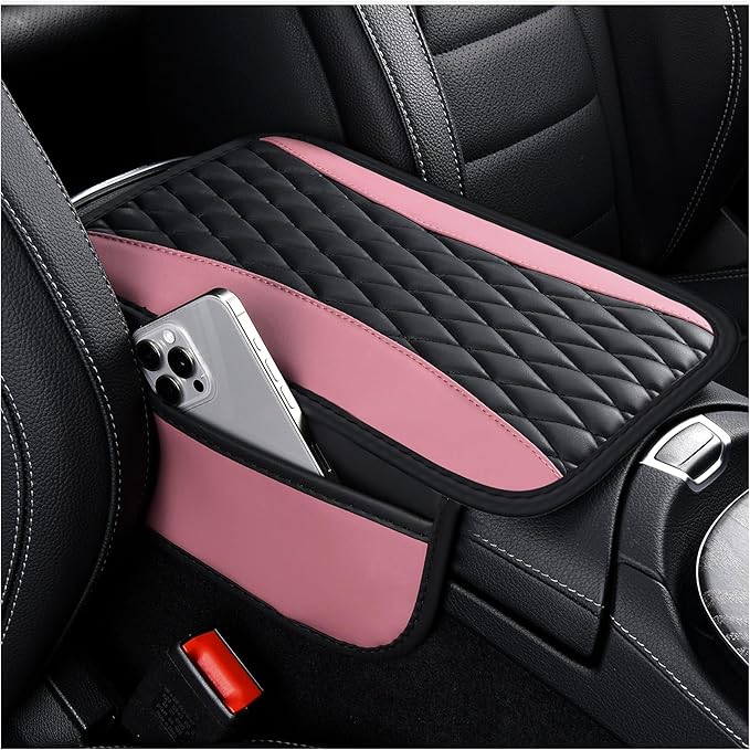 IHOTDER Patchwork Leather Center Console Covers for Cars,Upgraded Arm Rest Cover for Car with Side Storage Pocket for Car Seat Organizer,Middle Console Cover Stylish Car Decoration (Pink)