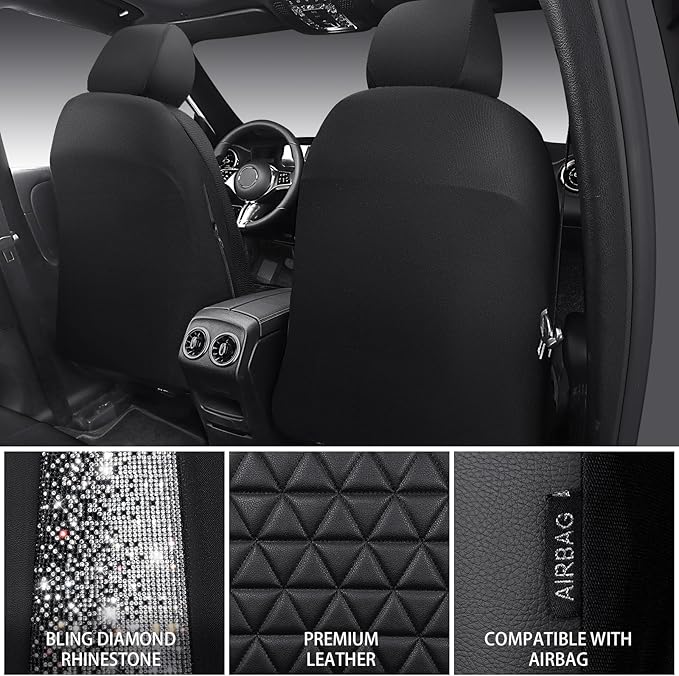 CAR PASS Bling Diamond Leather Car Seat Covers 2 Front Seats Interior Sets, Waterproof Shining Glitter Sparkly Crystal Universal Armrest Fit Automotive Truck SUV Cute Women Girl, Black PU Rhinestone