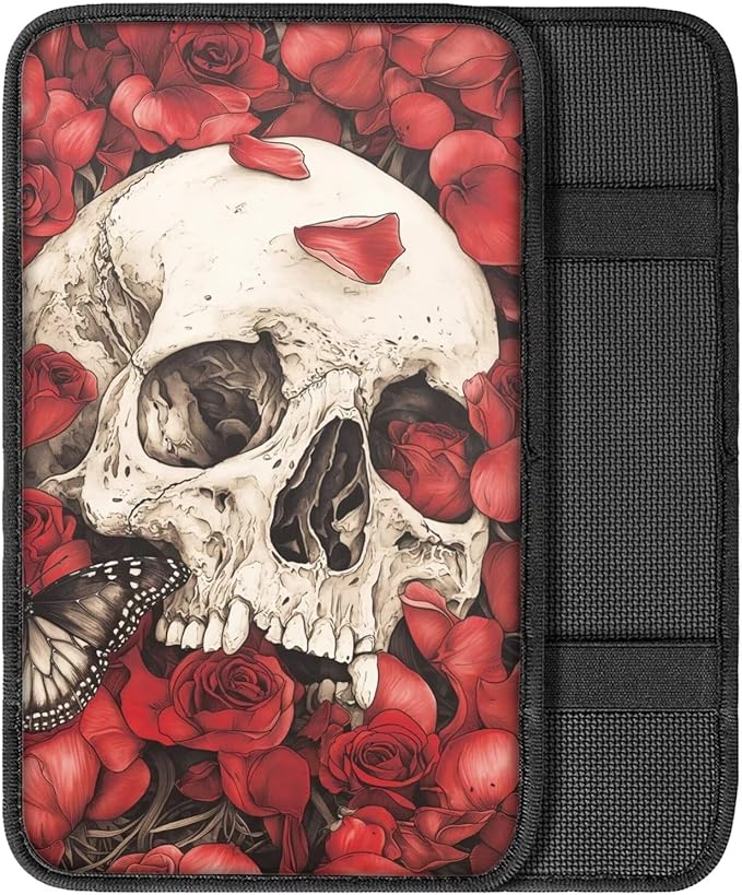Dreaweet Red Rose Skull Arm Rest Cover for Car Women Spooky Car Accessories Interior Universal Center Console Cover Comfortable Softness Car Armrest Cushion Pad for SUV Trucks Sedan