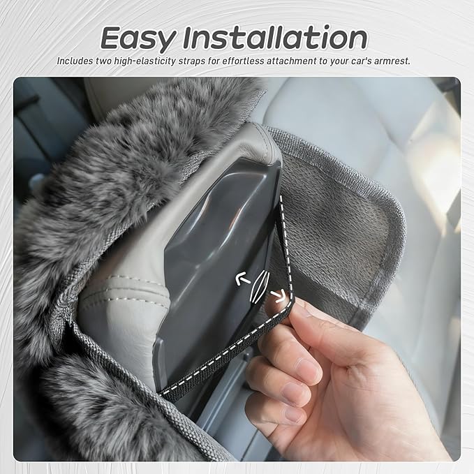 Fluffy Car Armrest Cover with Side Pockets – Plush Fuzzy Fur Center Console Armrest Cushion Pad, Universal Winter Car Interior Protector, Soft Arm Rest Cover with Storage for Women & Men (GRAY)