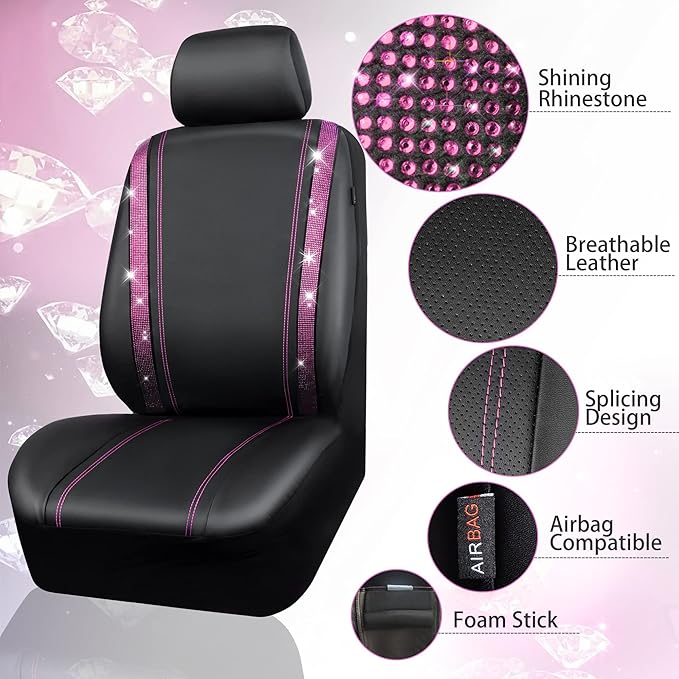 CAR PASS Bling Diamond Car Seat Covers Full Set, Shining Rhinestone Waterproof Faux Leather, Rear with Zipper, Universal Fit Automotive Glitter Crystal Sparkle Strips for Women Girl, Black Pink
