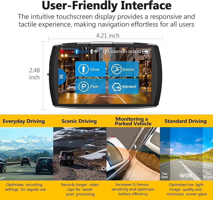 Z-Edge T4 Dash Cam Front and Rear, 4K Dual Dash cam, 2K+1080P Front and Rear, Touch Screen WiFi Car Camera, WDR, Night Vision, G-Sensor, Loop Recording, 24 Hours Parking Mode, Support 512GB Max