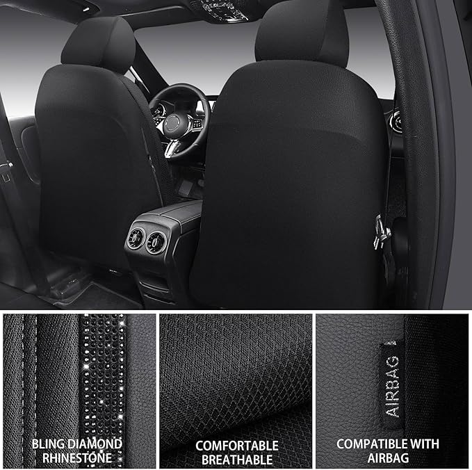 CAR PASS Memory Foam Mesh Bling Diamond Car Seat Cover 2 Front Seats Breathable Soft Sponge Universal Shining Glitter Sparkly Crystal Fit Armrest Automotive Truck SUV Cute Women Girl, Black Rhinestone