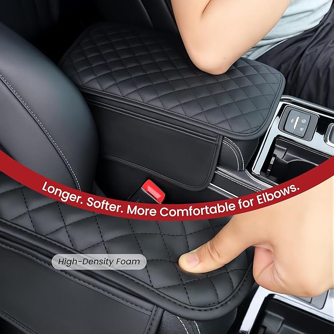 Extended Car Center Console Cover with 2 Storage, Microfiber Leather Car Armrest Cover Cushion For SUV Truck , Universal Car Accessories Memory Foam Comfort Stylish Leather Design (Black longer)