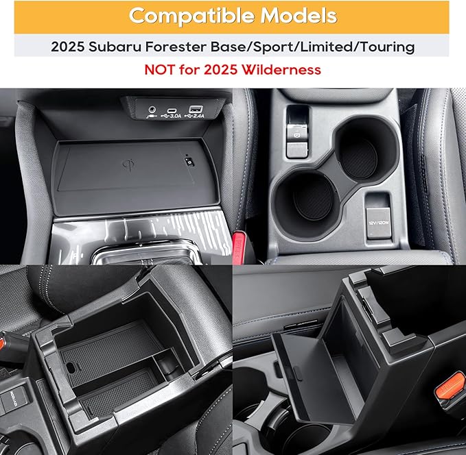 LFOTPP Forester Center Console Organizer for 2025 Forester Accessories, Armrest Storage Box+Silicone Cup Holder+Hidden Box+Wireless Charging Protective Pad Non-Slip Mat 4Pcs,NOT for 2025 Wilderness