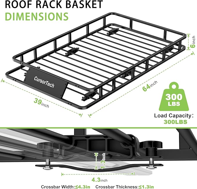 Roof Rack Basket 64" x 39" Heavy Duty Rooftop Cargo Carrier 300 lbs Capacity Steel Roof Racks Vehicle Cargo Baskets Luggage Holder Rack for SUV Truck Car Travel Camping Storage