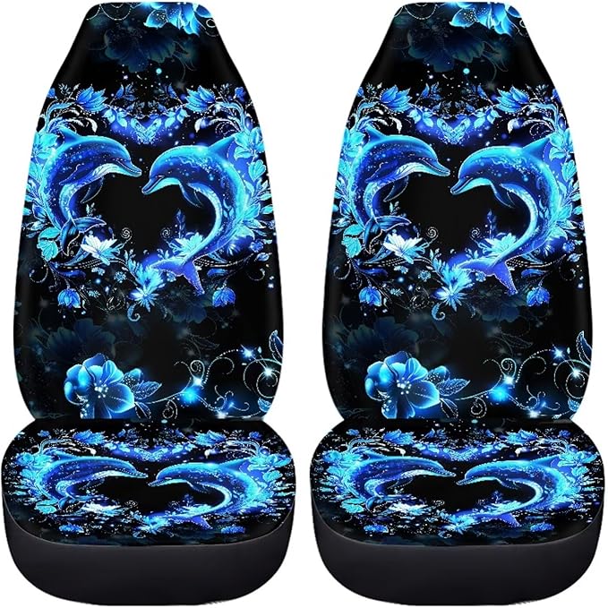 BIGCARJOB Neon Dolphin Car Seat Cover Set of 2 Pcs - Cute Dolphin Print Auto Interior Accessories, Vehicle Bucket Seat Protector, Front Seat Cushion Pads, Universal Fit