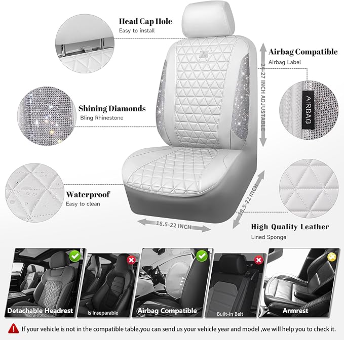 CAR PASS All White Bling Diamond Leather Car Seat Covers Full Sets,Waterproof Shining Glitter Sparkly Crystal Universal Fit for Automotive Truck SUV Cute Women Girl Airbag Compatable,Sliver Rhinestone