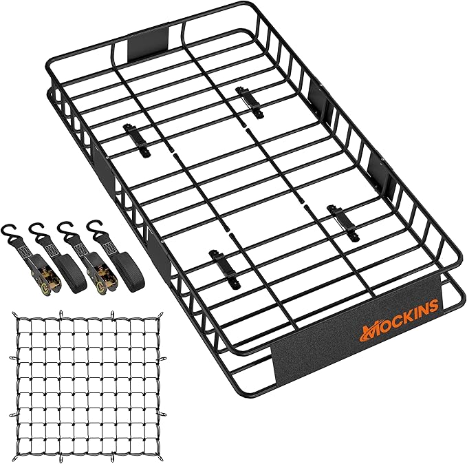 Mockins 64"x39"x6" Extendable Roof Rack Cargo Carrier | 250 Lbs. Capacity Weatherproof Steel Roof Basket | Rooftop Cargo Carrier Set w/Ratchet Straps & Bungee Net for SUV, Van, & Car Roof Storage