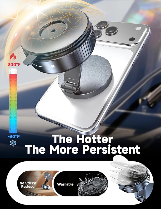 Vacuum Magnetic Phone Holders for Your Car [105+LBS Suction & 3800gf Magnetic] Magsafe Car Mount, 360° Adjustable Car Phone Holder Mount for Windshield/Mirror/Kitchen/Gym for iPhone & Android