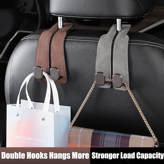 Car Headrest Hooks for Purses and Bags, Double Flexible Leather Hooks Car Accessories Interior for Women Men, 2 in 1 Back Seat Hook Car Organizer and Storage Car Essentials Organization Car Must Haves