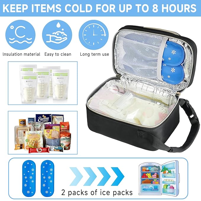 Breastmilk Cooler Travel bag with Ice Pack,Portable Breastmilk Cooler Bag with Buckle Handle,Insulated Breastmilk Storage Bag Cooler,Black