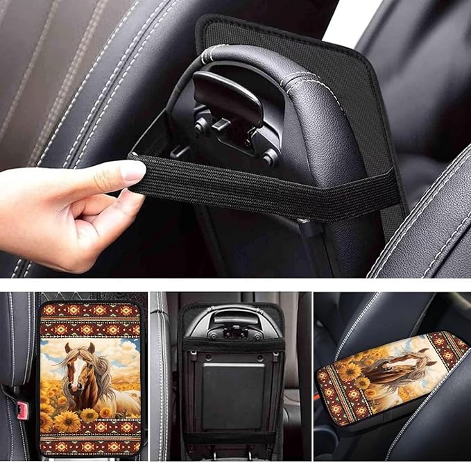 Aztec Horse Center Console Cover for Cars, Non-Slip Car Armrest Cover Auto Armrest Box Cover Horse Cars Interior Accessories Universal Fit Most Vehicle Trucks