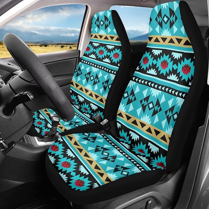 ELEQIN Blue Aztec Car Seat Covers Two Front Only for Car, Automotive Interior Covers, Quick Setup Universal Fit Seat Covers for Car, Truck, SUV