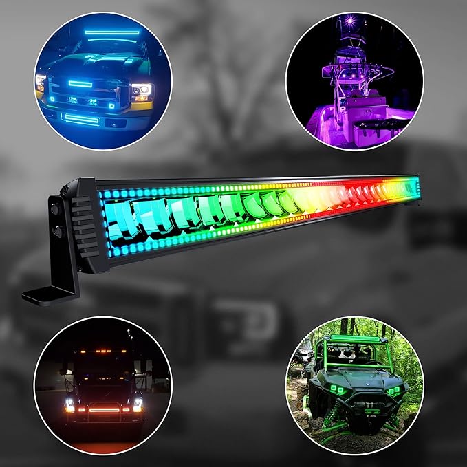 50" RGB LED Light Bar 2Pcs 4" Flood LED Pods with Multi-Color Chasing RGB Halo 16 Solid Colors Over 92 Flashing Modes Offroad Lights Driving Lamp Fog Lights with Switch Wiring Harness