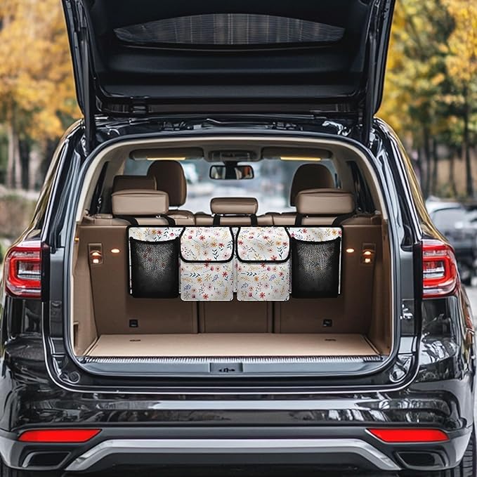 Trunk Organizer for Car Women Flower Backseat Car Organizer for SUV/MPV/Truck, Space-Saving Adjustable Trunk Storage Bag with 4 Pockets, Esay to Install