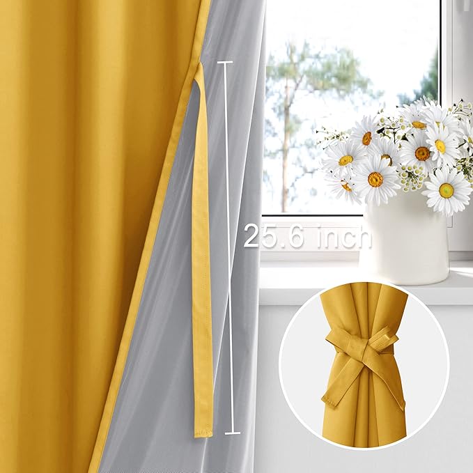XWZO 100% Blackout Curtain Panels - Thermal Insulated Black Liner Curtains, Noise Reducing and Heat Blocking Drapes for Hall and Studio Windows with Tiebacks, Yellow, W60 x L84, Set of 2