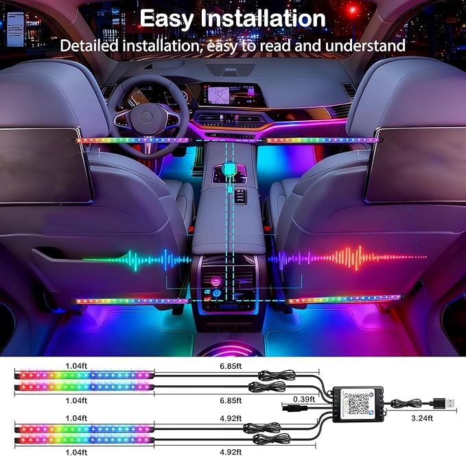 Car LED USB Interior Strip Lights with Remote Control, Dream RGB Color Car Ambient Lighting APP Control, Multicolor Footwell Under Dash Chasing Inside Light Kits for Cars ATV Truck, DC5V