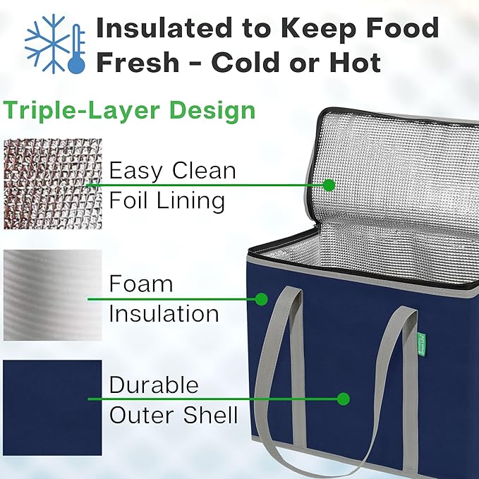 Creative Green Life XL Insulated Reusable Grocery Bags (2-Pack) - Premium Quality Cooler Bags with Hard Bottom Insert, Stands Upright, Washable