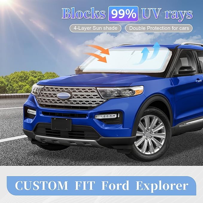 for Ford Explorer 2020-2025 2026 Sun Shade Sunshade Windshield Cover, 4-Layer Front Window Shade Custom Fit Explorer SUV ST XLT, Limited, Platinum Sun Visor 240T Shade Blocks UV Rays Car Accessories