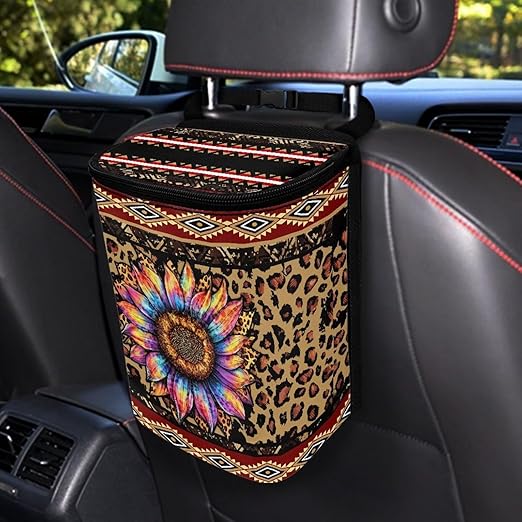 Aztec Sunflower Car Trash Can Auto Garbage Bag with Lid Leak-Proof Car Storage Bag Garbage Bag Hanging for Headrest Portable Vehicle Backseat Organizer
