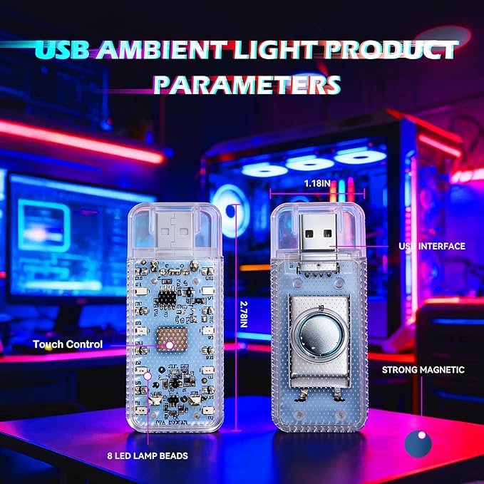 4 PCS Car LED Lights, USB Plug-in Rechargeable 8 High-Brightness LED Beads, Portable Mini Touch Control Dimmable Night Light for Car/Bedroom/Party/Holiday Decoration (2 Amber & 2 Ice-Blue)