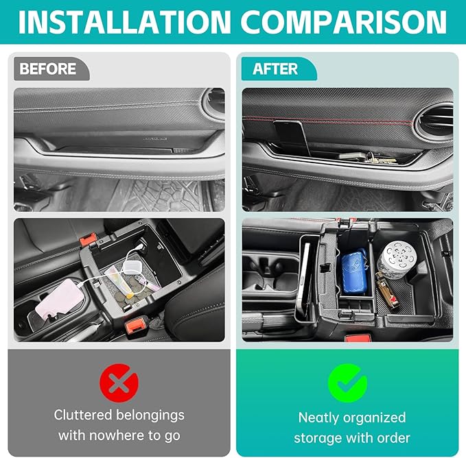 3PCS Center Console Organizer Combo Kit Compatible with 2024-2026 Jeep Wangler JL JLU 4xe Rubicon Sahara & Gladiator JT Accessories, Insert/Hanging Armrest Storage Box & Grab Bar Tray