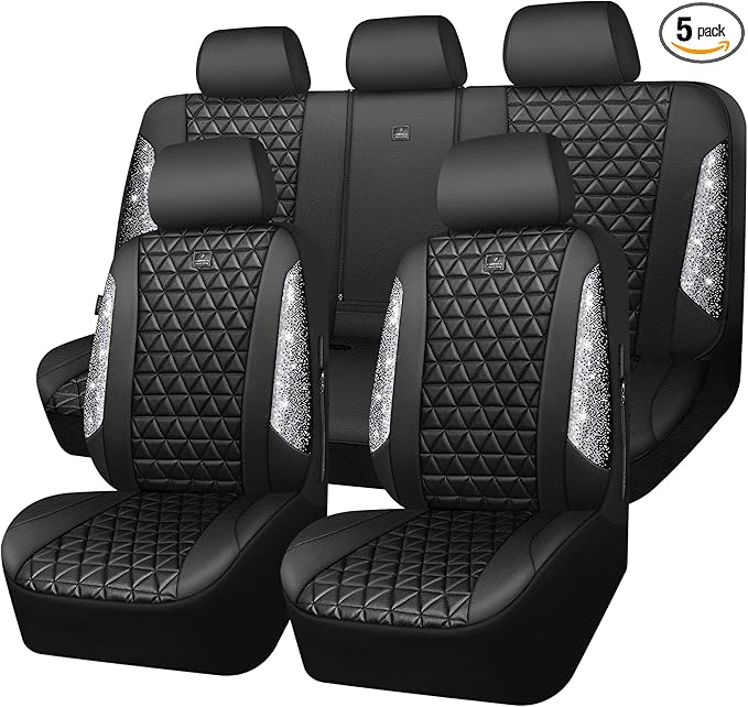 CAR PASS Bling Diamond Leather Car Seat Covers Full Seats Interior Sets, Waterproof Shining Glitter Sparkly Crystal Universal Armrest Fit Automotive Truck SUV Cute Women Girl, Black Silver Rhinestone