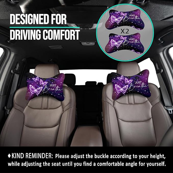 2 Pack Car Neck Pillow，Purple Butterfly Car Headrest Pillow，Ergonomic Design，Memory Foam Car Pillow，Breathable Removable Cover Universal Headrest Pillow for Travel Car Seat Driving & Home