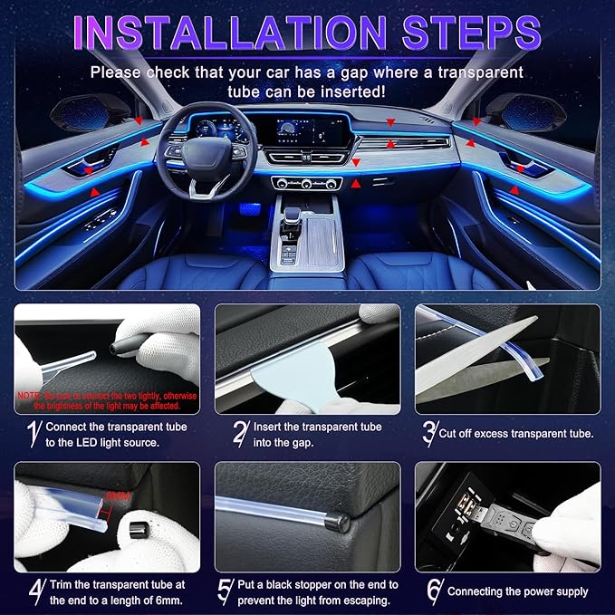 LivTee Smart Car LED Interior Lights with USB Port, LED Strip Fiber Optic Lights, Wireless App and Remote Control, Sync to Music, Car Accessories Gifts for Women and Men, 6 in 1