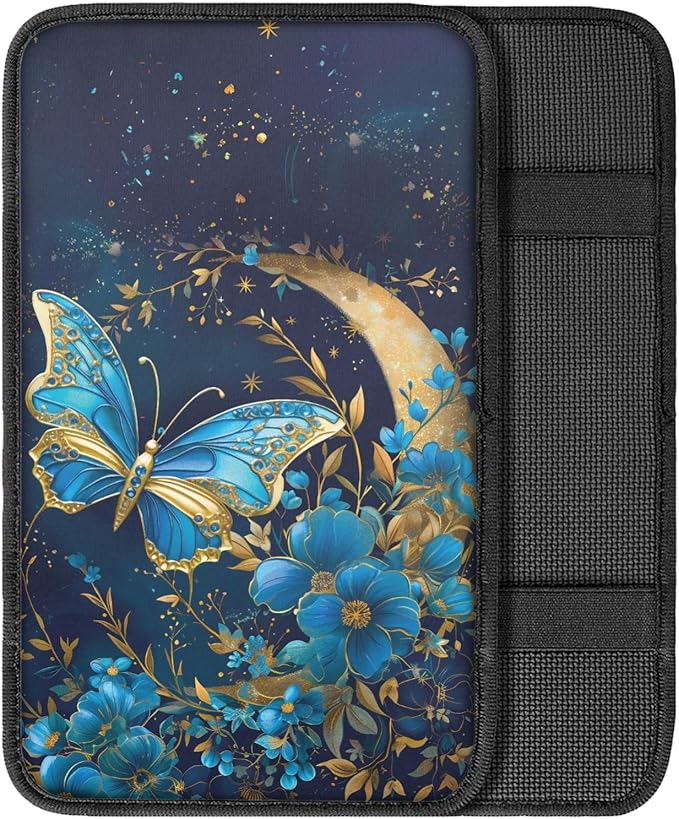 UNICEU Auto Interior Decor Armrest Cover Pad Moon Night Blue Butterfly Print Neoprene Soft Car Center Console Armrest Cushion Cover, Universal