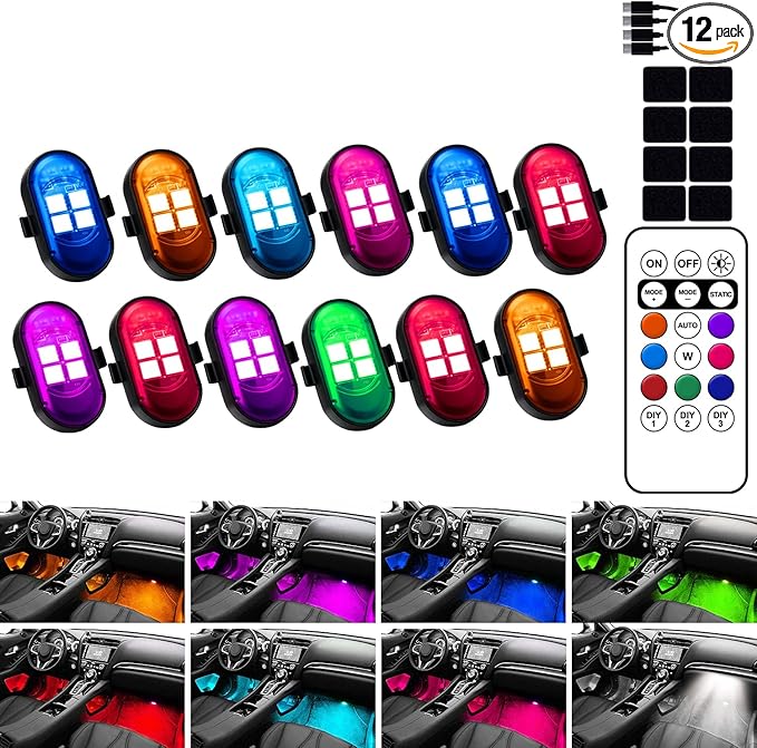 Upgraded Wireless LED Lights for Car, Rechargeable Interior Car Lights with 8 Colors Brightness Adjustable, 12H Battery Life, Remote Control, Mini Strobe Lights for Vehicle Motorcycle Bike Decor