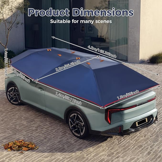 Semi-Automatic Car Tent, 3.78×7.2FT Portable Cars Umbrella Vehicles Tent Blocking UV Rays Car Roof Cover Cars Awning with Carrying Bag Sun Shades for Vehicles Roof Protection (Navy Blue)