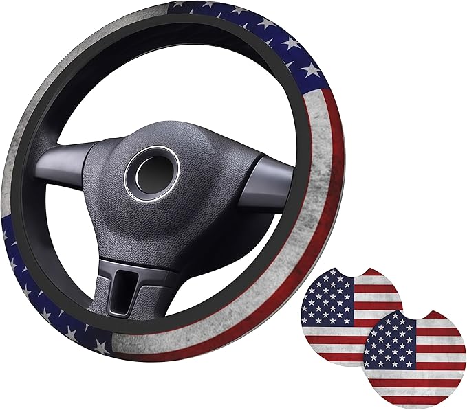 American Flag Steering Wheel Cover - Vintage American Flag Steering Wheel Cover Anti-Slip Breathable Universal for 15 Inch Car with 2 Pieces Car Coasters Suitable for Men Women