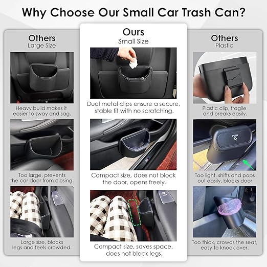 PIFOOG Small Car Trash Can for Side Door Back Seat Leather Leakproof Removable Liner Clip On Automotive Garbage Bin Compact Auto Trashcan Multipurpose Storage Organizer Container 0.22 Gal
