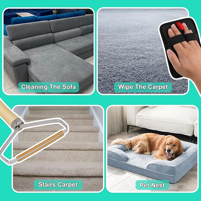 Carpet Rake for Pet Hair Removal, Reusable Pet Hair Remover Broom, 60'' Adjustable Long Handle Dog and Cat Hair Remover Tool Set of 3, Lint Remover Scraper for Carpets, Rugs, Mats, Couch, Car